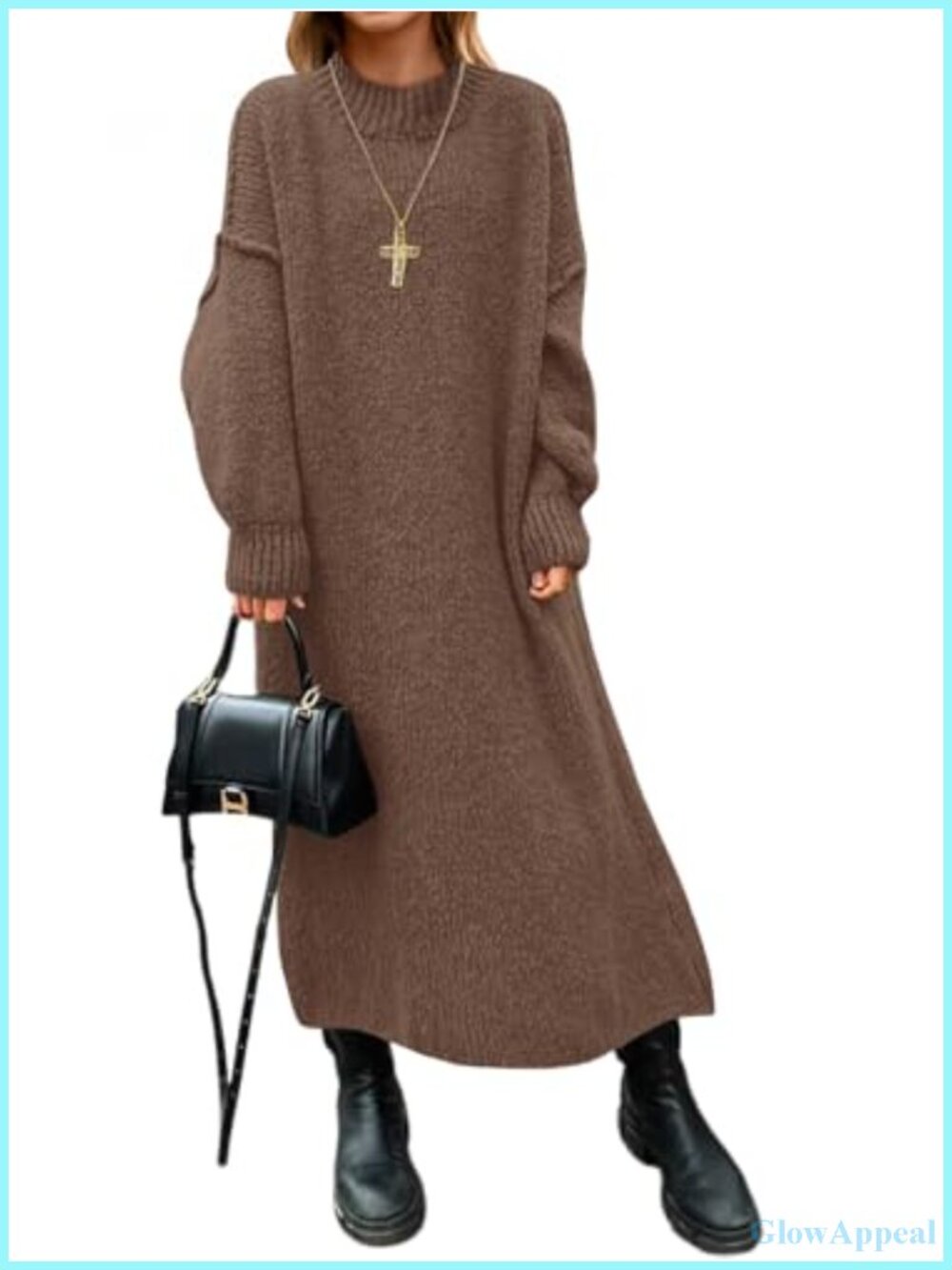 Oversized Ribbed Knit Sweater Dress Mock Neck Long Sleeve Maxi Dress